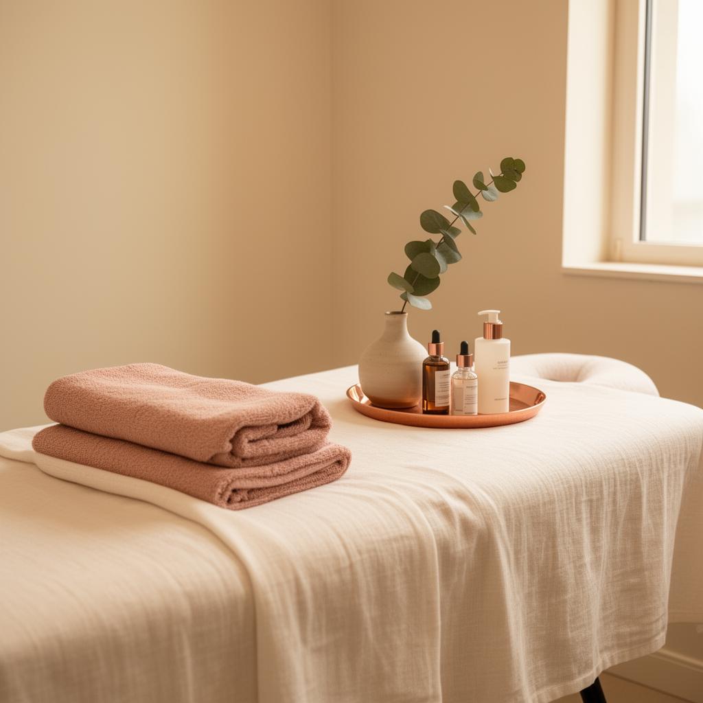 A serene treatment room at The Beauty Rezort with cream linens, blush towels and skincare